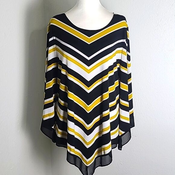 Alfani Black, White & Gold Stripe Top with V-Hemline & Bell Sleeves, Size XL - Picture 2 of 9